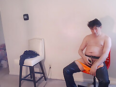 A Male Hunky Bodybuilder Strips Down From Shoulder Pads & Thong & Chaps To Jerk&cum!