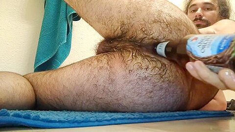 Anal orgasm by beer bottle in ass, anal self fisting: man cums hands-free