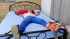 Asian bondage twink fucked by gaydaddy after feet tickling