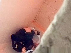 Asian woman spied over the toilet wall taking a pee