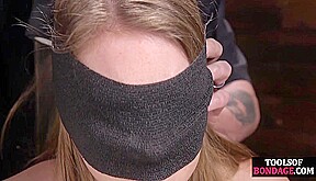 BDSM babe gets disturbing Hitachi toying before blindfolding
