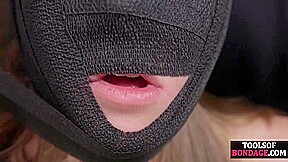 BDSM babe gets disturbing Hitachi toying before blindfolding