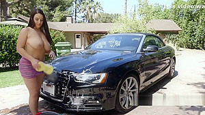 Babe washing car with huge boobs out outdoor