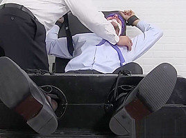 Blindfolded and restrained stud receives hard tickling