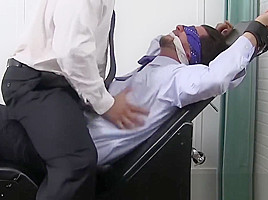 Blindfolded and restrained stud receives hard tickling