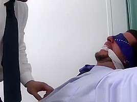 Blindfolded and restrained stud receives hard tickling