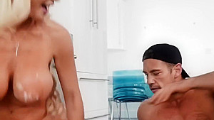 Blonde cheating fat with muscular hunk on the kitchen floor   