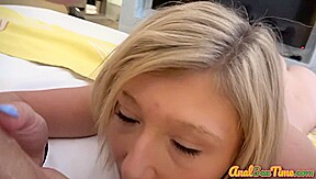 Blonde teen 18+ blowing big cock and toying pussy during anal
