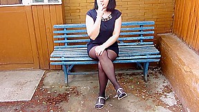 Brunette in gymnastic pose near the mirror fucks anal and after masturbation smokes outdoors, fetish 