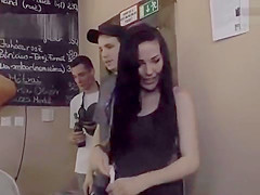 Brunette made lick mistress in public