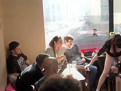 Brunette made lick mistress in public