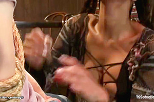 Busty Shemale Bartender Fuck Two Men