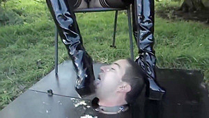 Busty bdsm femdoms sub eats food of her boots