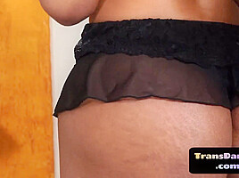 Busty bigboobed shemale in lingerie jerks off her hard dick