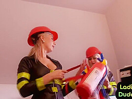 CFNM strapon firefighter babes fuck guy in pegging 3some