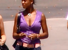 Candid boobs: slim busty black women (purple brown tops) 4