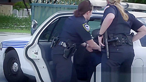 Car kicking criminal discusses with horny milf cops during arrest
