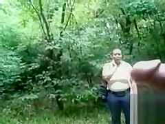 Chubby woman is mesmerized by his large cock in public