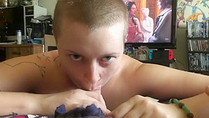 Cock sucking cum dump whore with small tits and shaved head