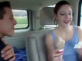 Cute coed gets facial after shagging in a van