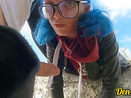 Cutie With Butt Plug And Jacket Glasses With Blue Hair Loves To Have Sex Sucking Dick On The River