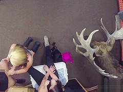 Cuties earn some money by sharing a cock in the pawnshop