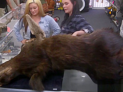 Cuties earn some money by sharing a cock in the pawnshop