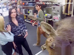Cuties earn some money by sharing a cock in the pawnshop