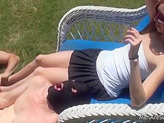 Domme Uses Whipmarked Naked Male Slaves For