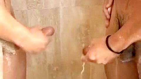 Frat guys take a shower and jerk off