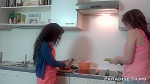German Lesbians making out in the kitchen