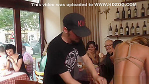 German babe fucked on a table in restaurant
