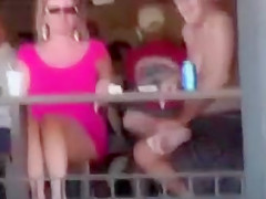 German ladies at the bar show their shaved cunts