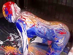 Girl fucked in multicolored paint