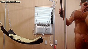 Gloryhole DILF sucks Black cock be4 fucked by white in sling
