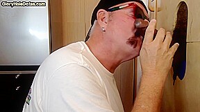 Gloryhole DILF sucks Black cock be4 fucked by white in sling