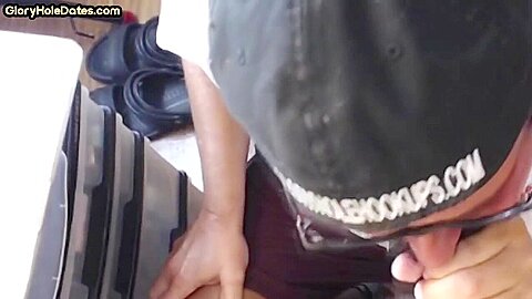 Gloryhole dude shows sucking skills while jerking cock