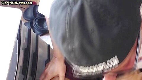Gloryhole dude shows sucking skills while jerking cock