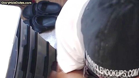 Gloryhole dude shows sucking skills while jerking cock