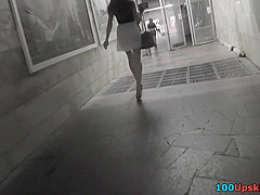 G-string of a red haired gal seen in free upskirt video