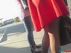 G-string upskirt footage of a babe wearing mini skirt