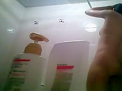 Hairy bush and small tits woman showering