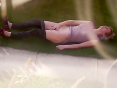 Half naked lady masturbates on my lawn