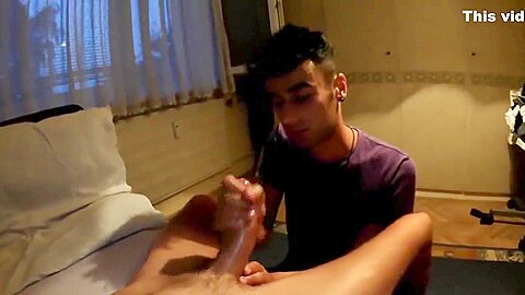 Helping hand for friend (jerking, balls massage, cum tasting)