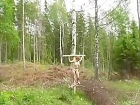 Hot blonde outdoor nude bondage struggle