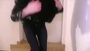 Hot brunette fucking huge cock in public