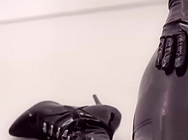 Latex tgirl pounding slaves ass
