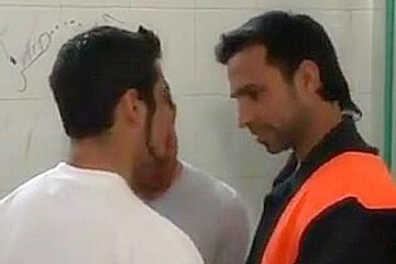 Latinos threesome in restroom