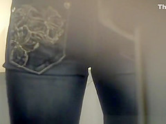 Long hair teen 18+ seats in toilet to pee