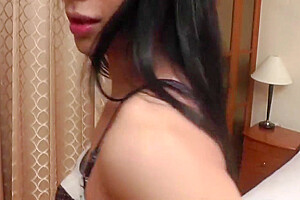 Long-haired Ladyboy In Light Blue Dress Teases With Her